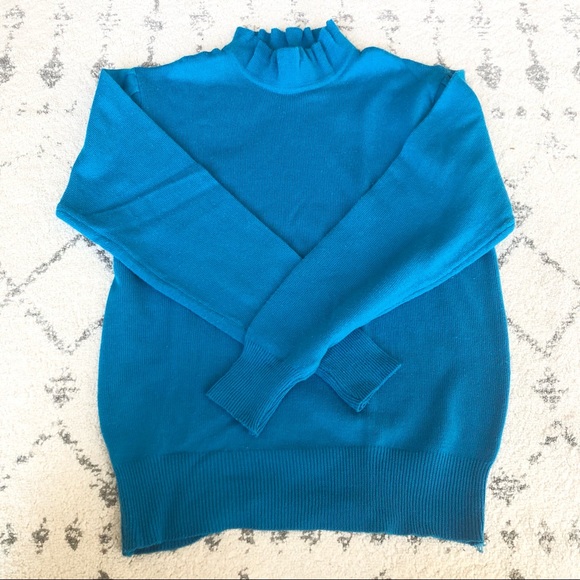 Vintage 1980s Sears Fashion Place High Neck Ruffles Blue Sweater - Picture 2 of 8